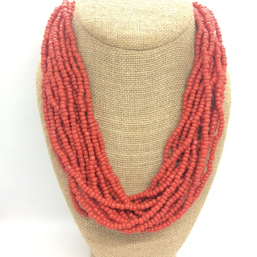 RED SEED BEAD MULTI STRAND NECKLACE TWISTED TORSADE STATEMENT COLLAR BOHO